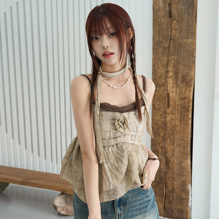 Boho Floral Layered Strap Top with Rosette Detail - Vedlit
