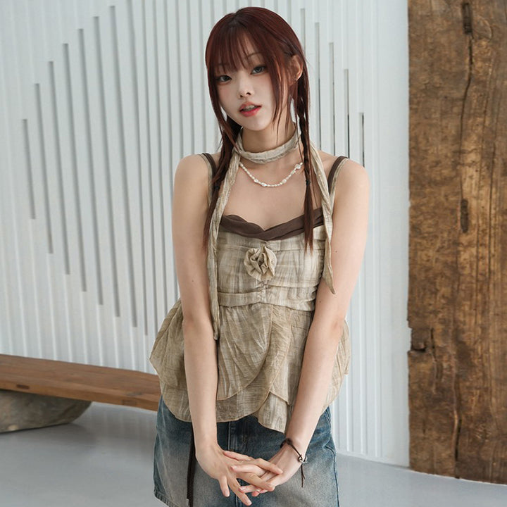 Boho Floral Layered Strap Top with Rosette Detail - Vedlit