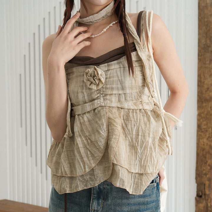 Boho Floral Layered Strap Top with Rosette Detail - Vedlit