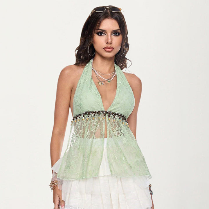 Boho Lace Halter Top with Beaded Trim - Mint Green - Vedlit