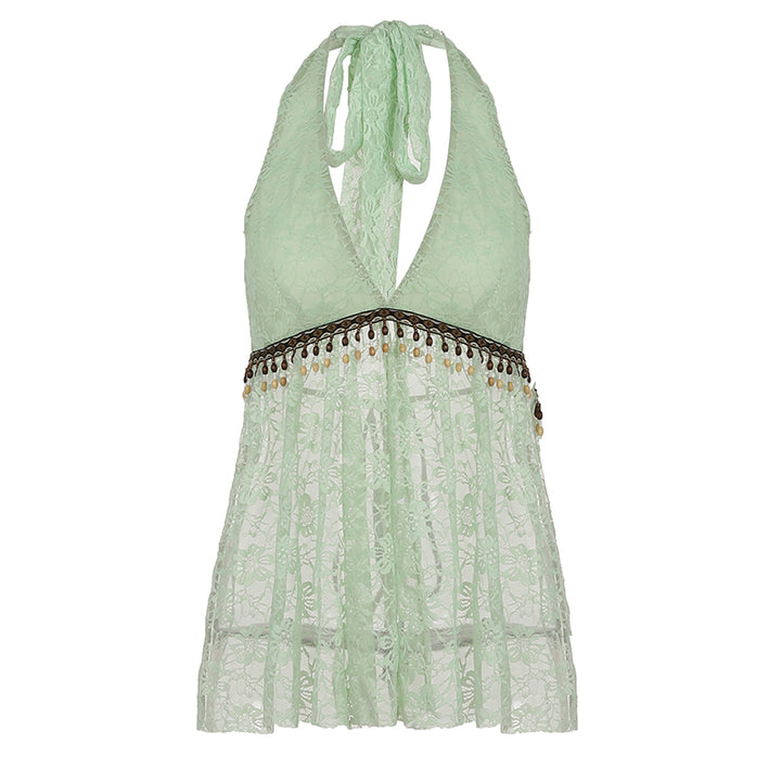 Boho Lace Halter Top with Beaded Trim - Mint Green - Vedlit
