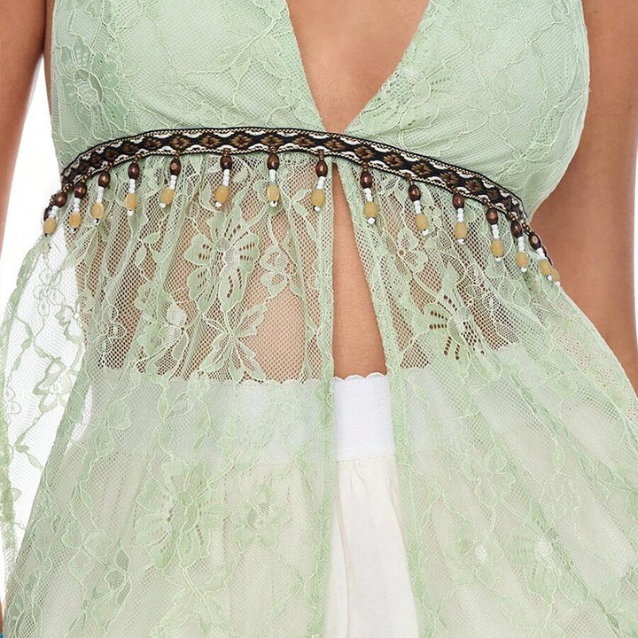 Boho Lace Halter Top with Beaded Trim - Mint Green - Vedlit