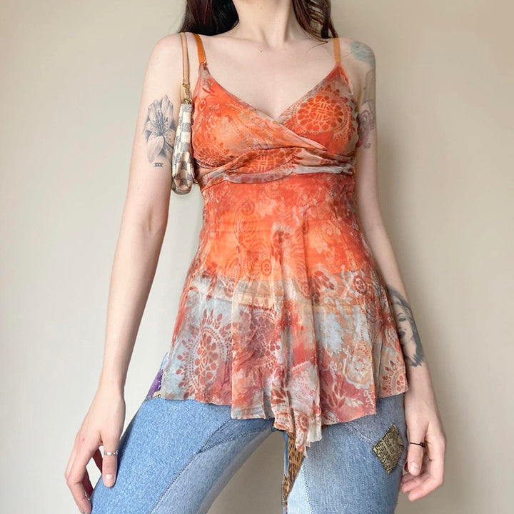 Boho Lace Hem Mesh Handkerchief Top – Orange Gradient - Vedlit