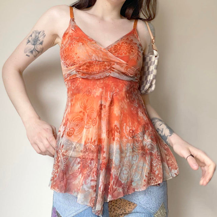 Boho Lace Hem Mesh Handkerchief Top – Orange Gradient - Vedlit
