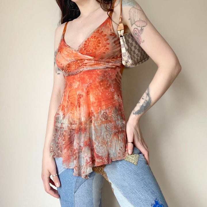 Boho Lace Hem Mesh Handkerchief Top – Orange Gradient - Vedlit