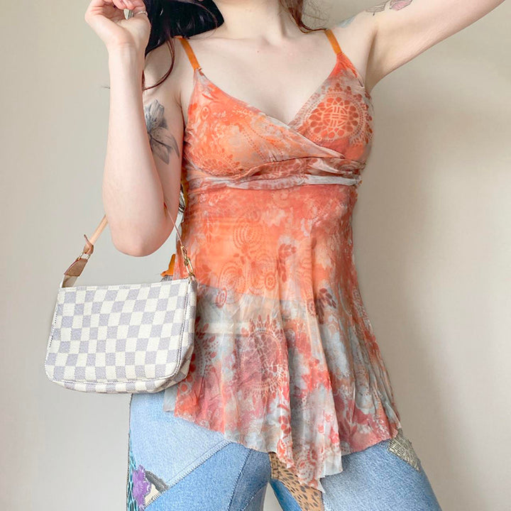 Boho Lace Hem Mesh Handkerchief Top – Orange Gradient - Vedlit