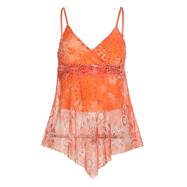 Boho Lace Hem Mesh Handkerchief Top – Orange Gradient - Vedlit