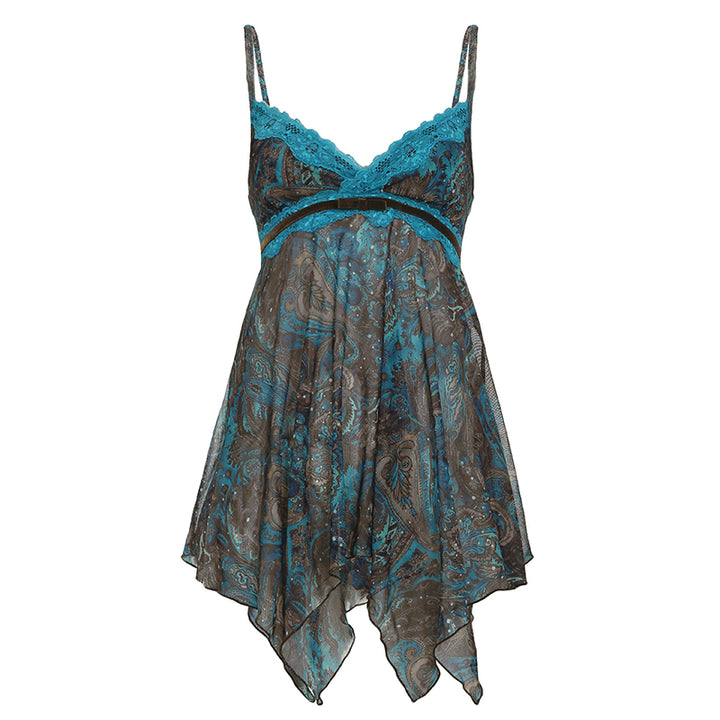 Boho Lace Paisley Handkerchief Cami Top – Teal Blue - Vedlit