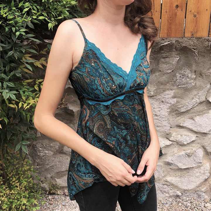 Boho Lace Paisley Handkerchief Cami Top – Teal Blue - Vedlit