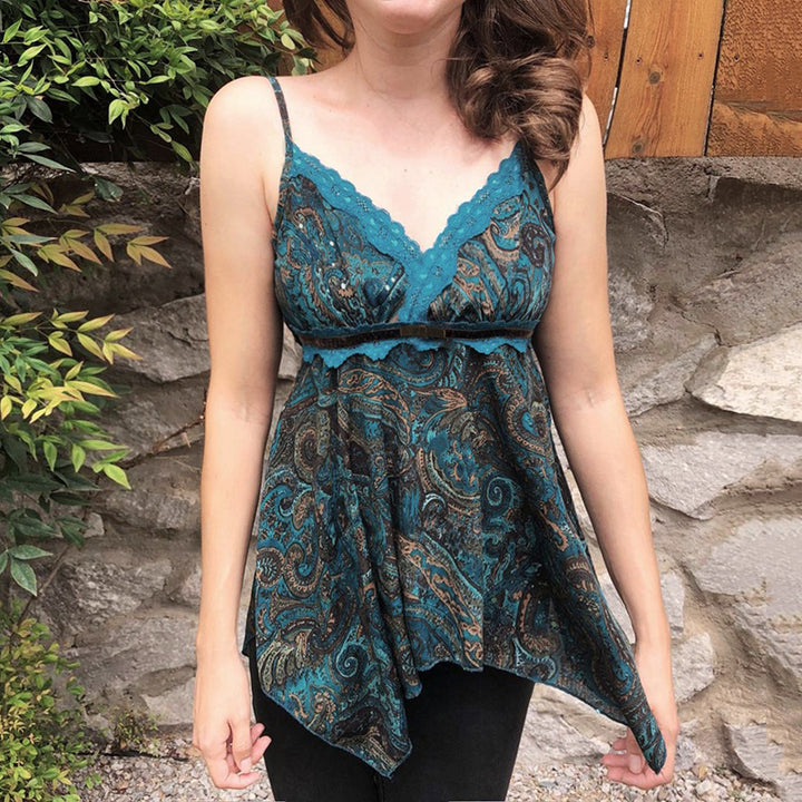 Boho Lace Paisley Handkerchief Cami Top – Teal Blue - Vedlit