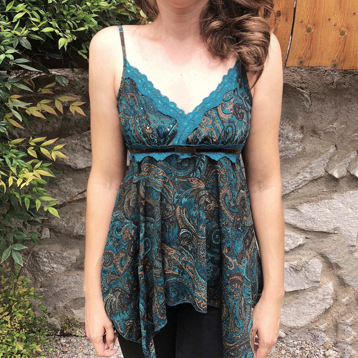 Boho Lace Paisley Handkerchief Cami Top – Teal Blue - Vedlit