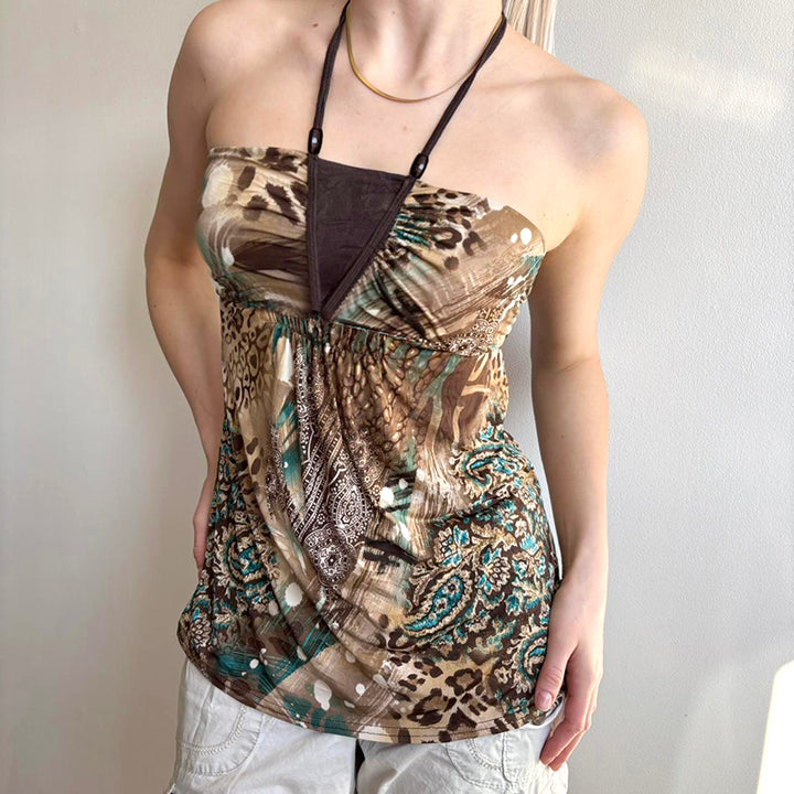 Boho Leopard Print Halter Tube Top with Tribal Detail - Vedlit