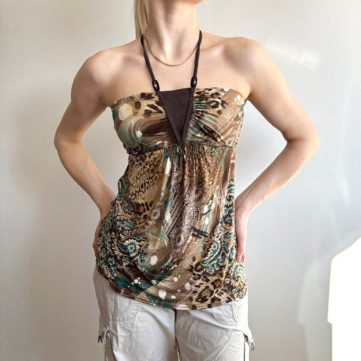 Boho Leopard Print Halter Tube Top with Tribal Detail - Vedlit