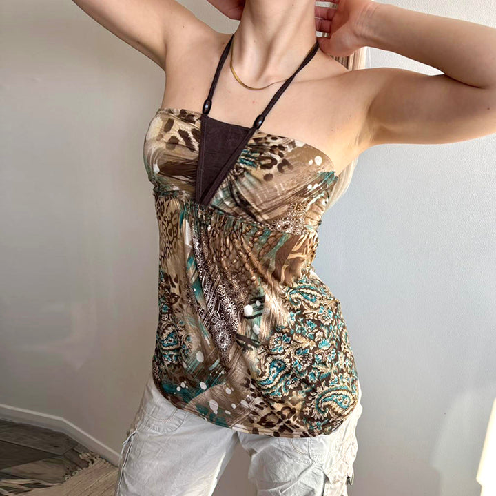 Boho Leopard Print Halter Tube Top with Tribal Detail - Vedlit