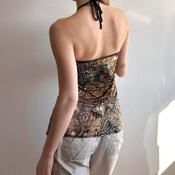 Boho Leopard Print Halter Tube Top with Tribal Detail - Vedlit