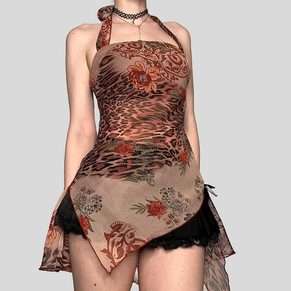Boho Mesh Halter Top Floral Leopard Print Asymmetrical - Vedlit