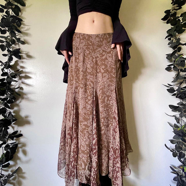 Boho Paisley Handkerchief Hem Maxi Skirt in Brown - Vedlit