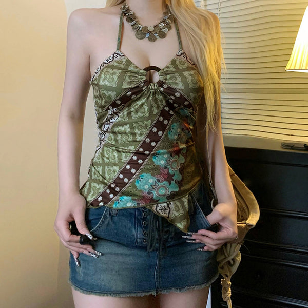 Boho Ring Detail Halter Top in Retro Patchwork Print - Vedlit