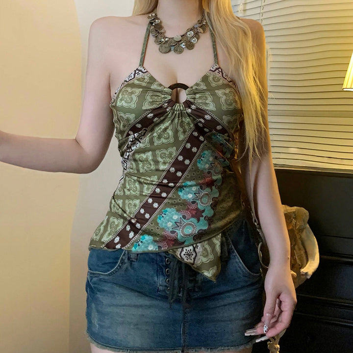 Boho Ring Detail Halter Top in Retro Patchwork Print - Vedlit