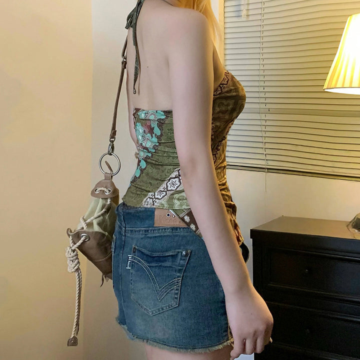 Boho Ring Detail Halter Top in Retro Patchwork Print - Vedlit