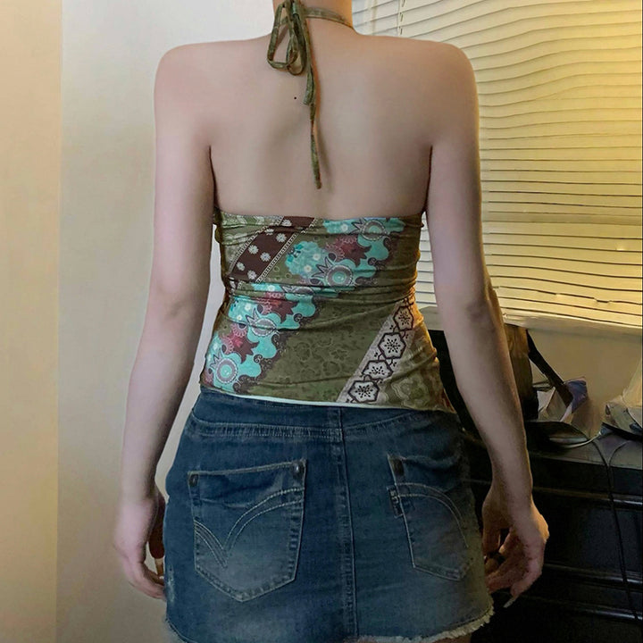 Boho Ring Detail Halter Top in Retro Patchwork Print - Vedlit