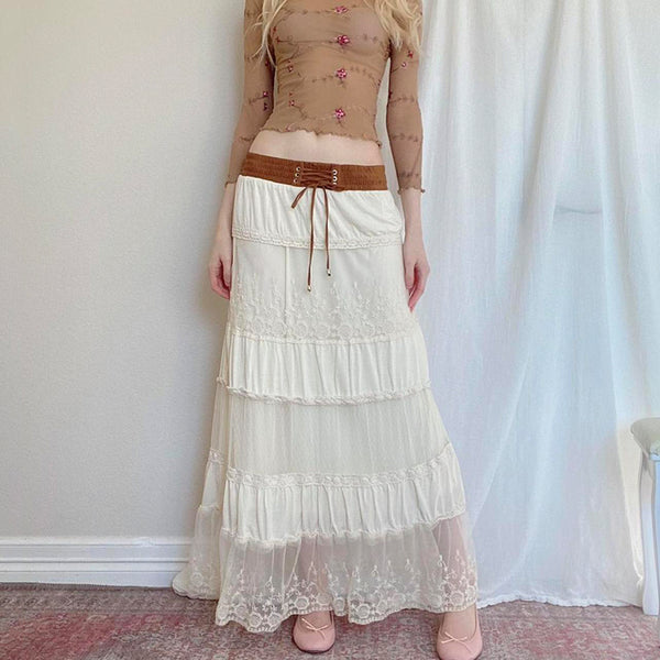 Boho Tiered Lace Maxi Skirt with Belt Detail - Vedlit