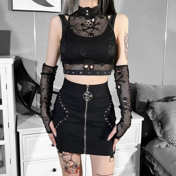 Bold Gothic Skull Mesh Crop Top And Fingerless Gloves Set - Vedlit