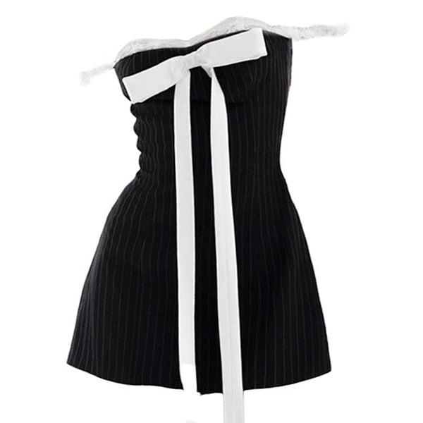 Bow Lace Striped Mini Dress - Vedlit