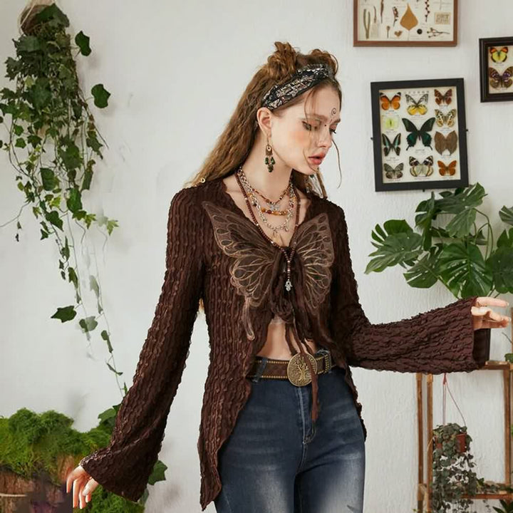 Brown Fairy Grunge Butterfly Long Sleeve Top - Vedlit