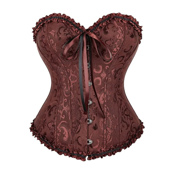 Brown Gothic Ruffle Trim Hourglass Overbust Corset - Vedlit