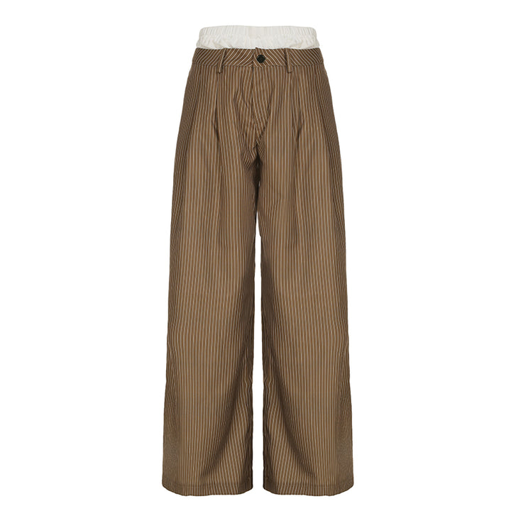 Brown Pinstripe Wide Leg Pants with Layered Waistband - Vedlit