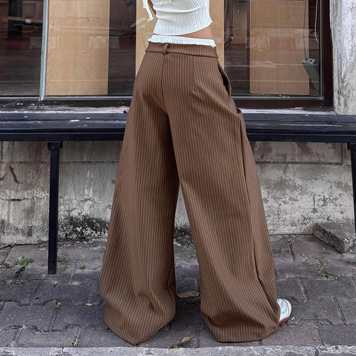 Brown Pinstripe Wide Leg Pants with Layered Waistband - Vedlit