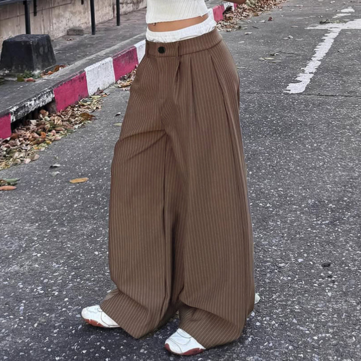 Brown Pinstripe Wide Leg Pants with Layered Waistband - Vedlit