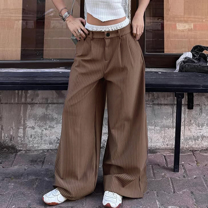 Brown Pinstripe Wide Leg Pants with Layered Waistband - Vedlit