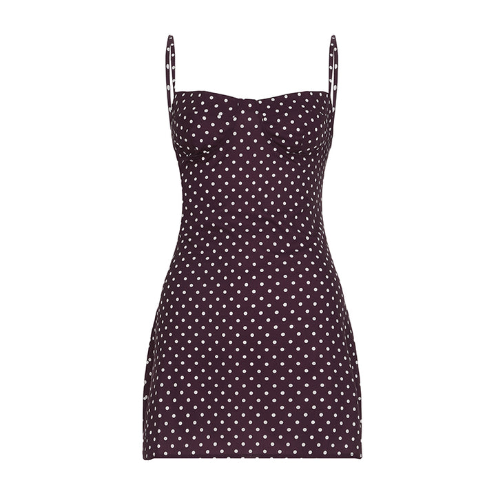 Brown Polka Dot Bodycon Mini Dress with Spaghetti Straps - Vedlit