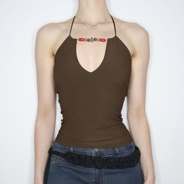 Brown Retro Halter Crop Top - Vedlit