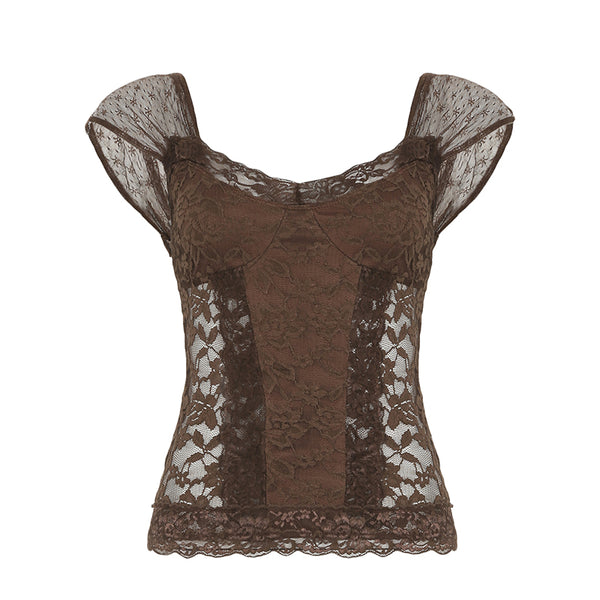 Brown Sheer Floral Lace Corset Top with Cap Sleeves - Vedlit