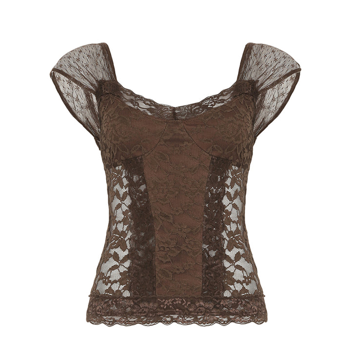 Brown Sheer Floral Lace Corset Top with Cap Sleeves - Vedlit
