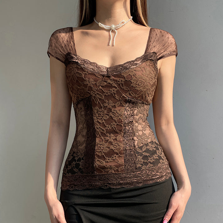 Brown Sheer Floral Lace Corset Top with Cap Sleeves - Vedlit