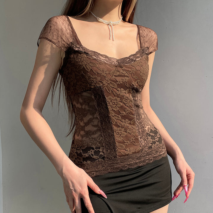 Brown Sheer Floral Lace Corset Top with Cap Sleeves - Vedlit