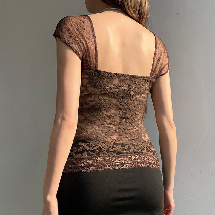 Brown Sheer Floral Lace Corset Top with Cap Sleeves - Vedlit
