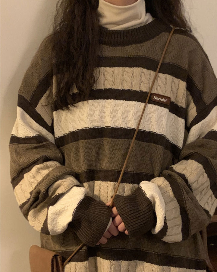 Coffee Cream Striped Oversize Sweater - Vedlit