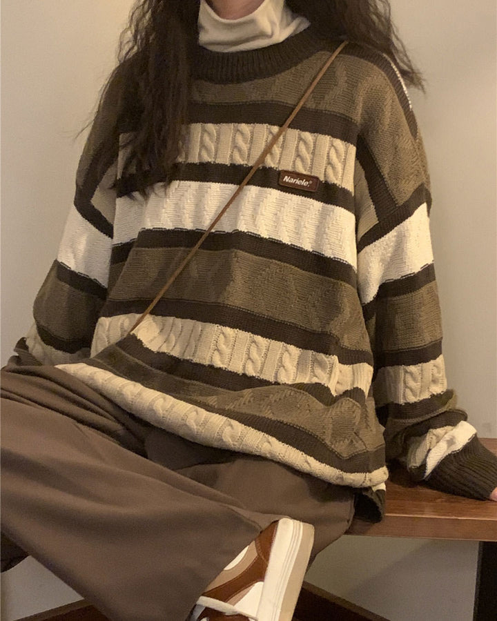 Coffee Cream Striped Oversize Sweater - Vedlit