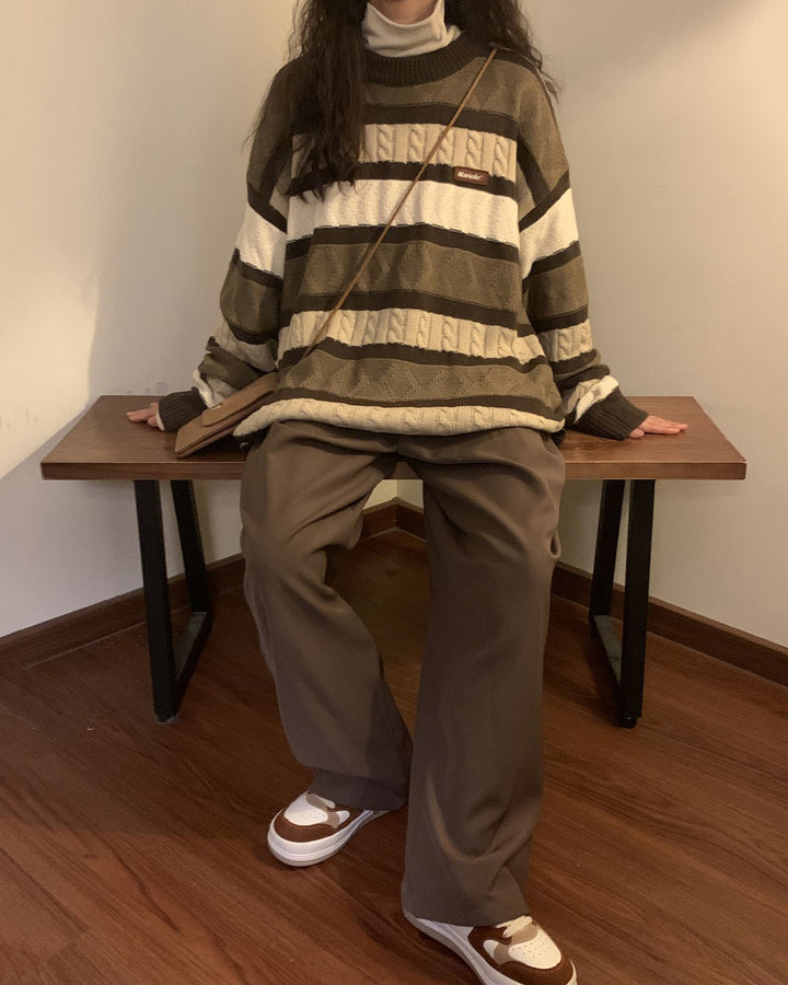 Coffee Cream Striped Oversize Sweater - Vedlit