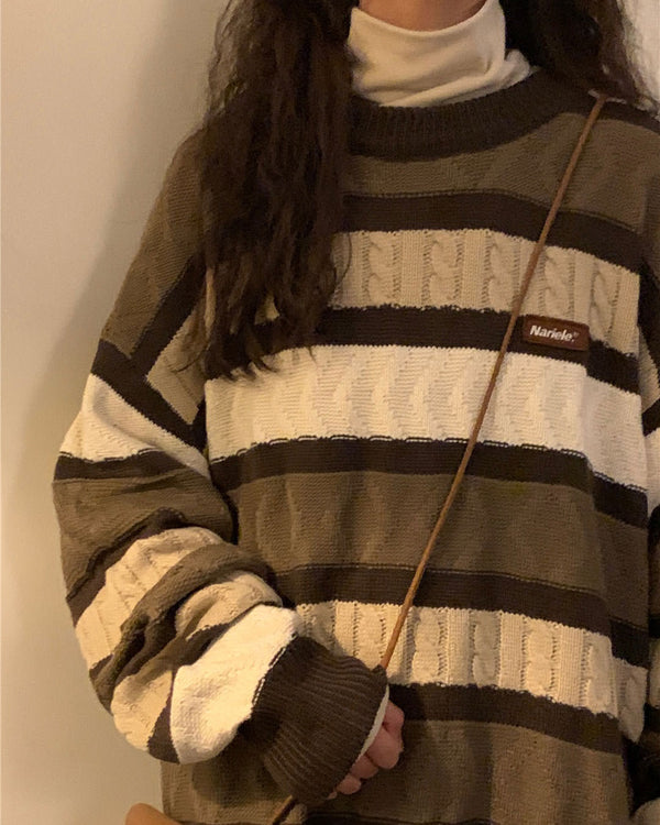Coffee Cream Striped Oversize Sweater - Vedlit