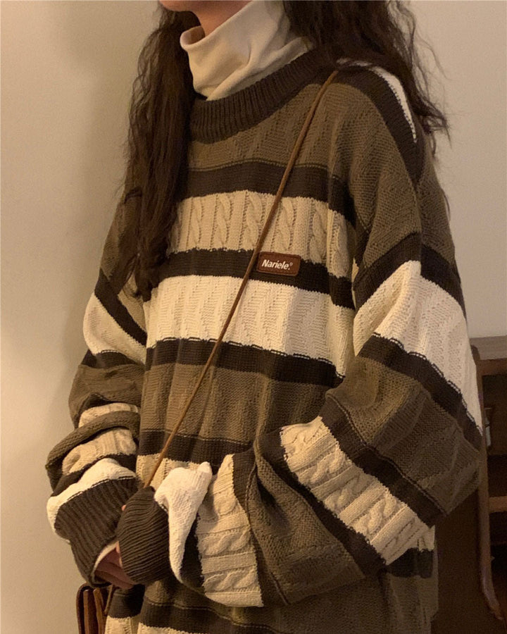 Coffee Cream Striped Oversize Sweater - Vedlit
