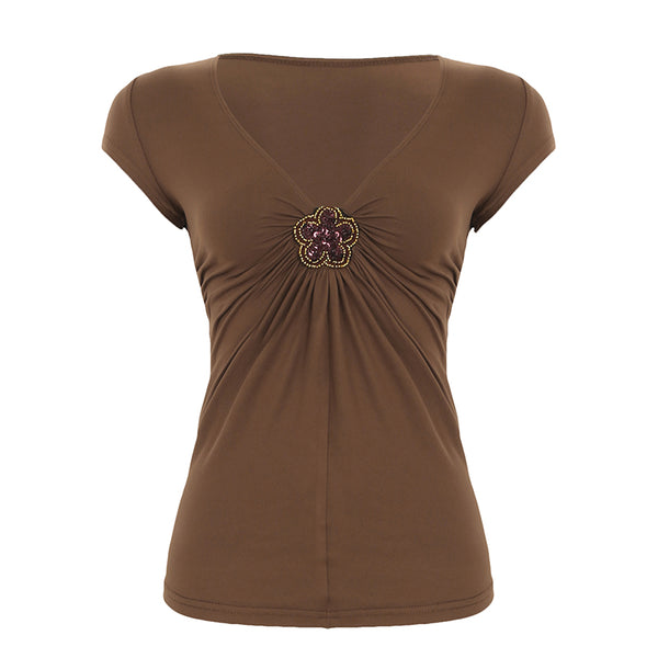 Brown V-Neck Tee with Beaded Flower Detail - Vedlit