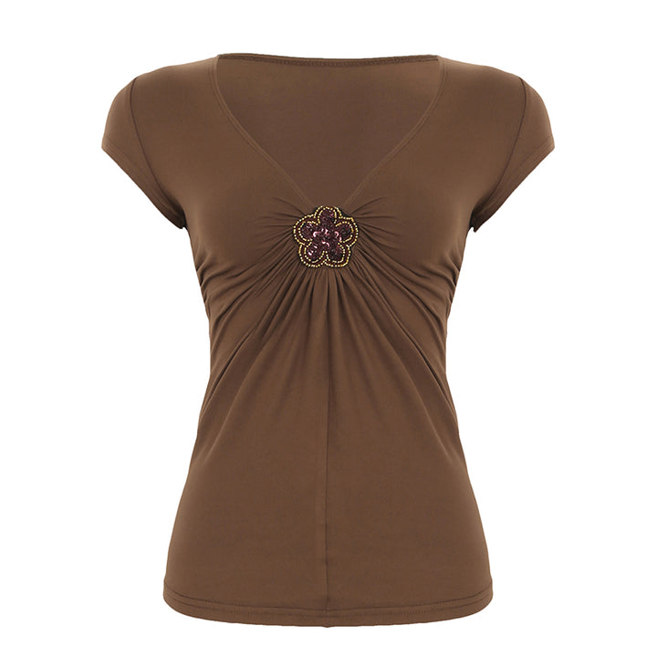 Brown V-Neck Tee with Beaded Flower Detail - Vedlit