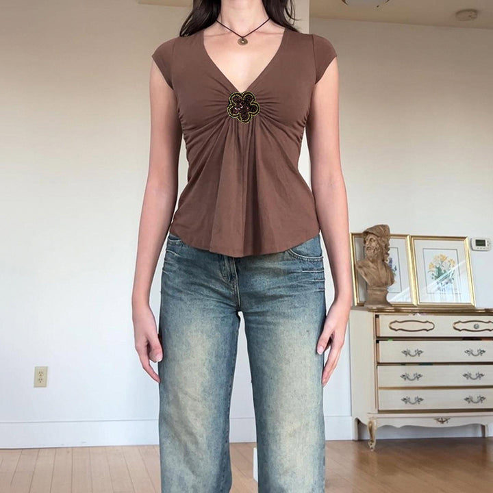 Brown V-Neck Tee with Beaded Flower Detail - Vedlit