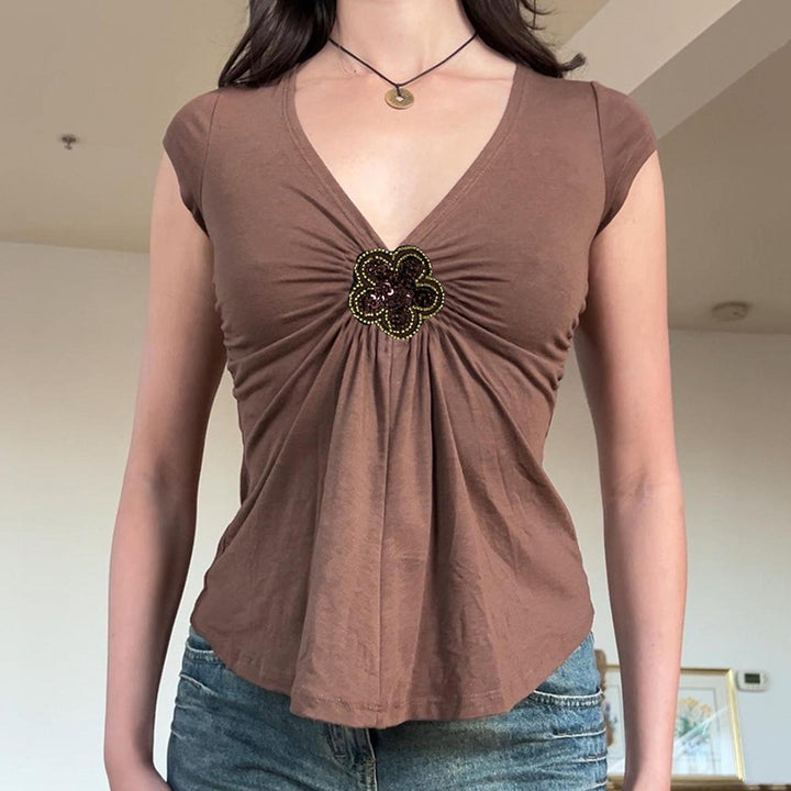 Brown V-Neck Tee with Beaded Flower Detail - Vedlit